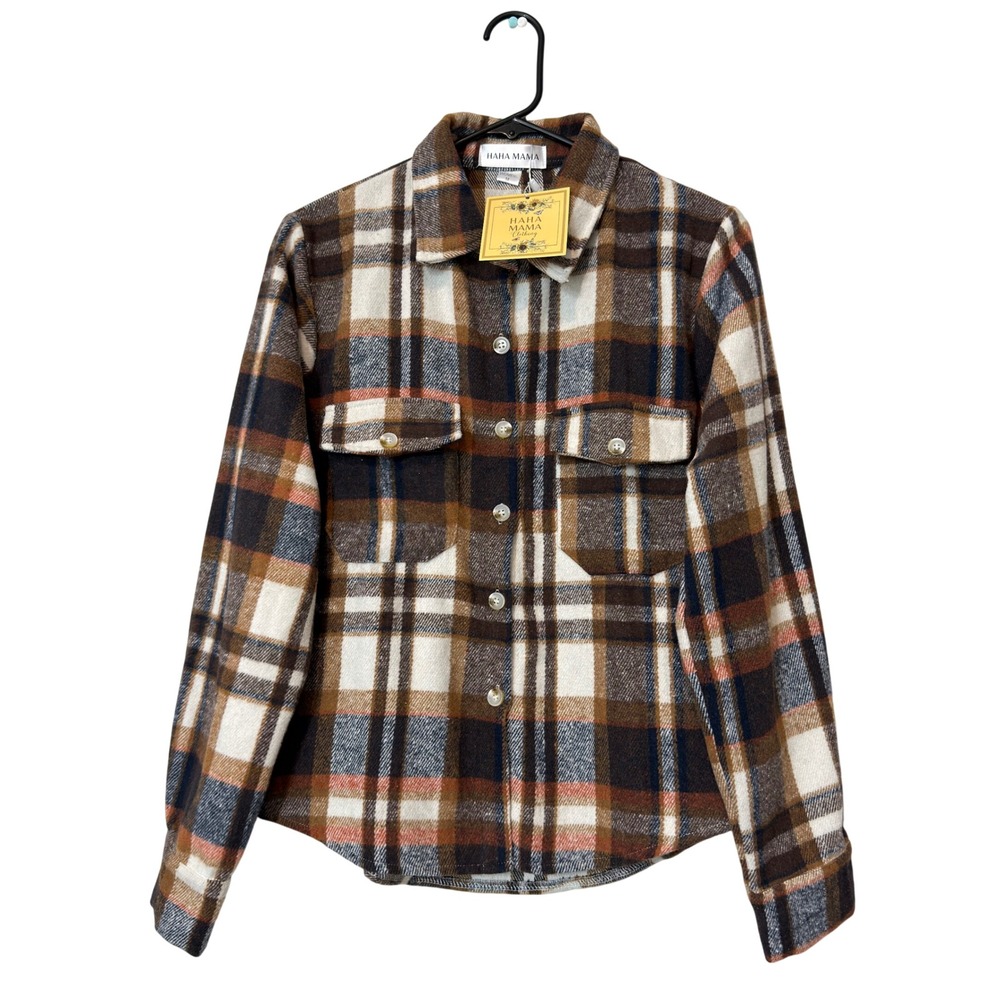 Haha Mama Plaid Shacket Womens Size‎ M Brown Cream New With Tags Cotton Flannel